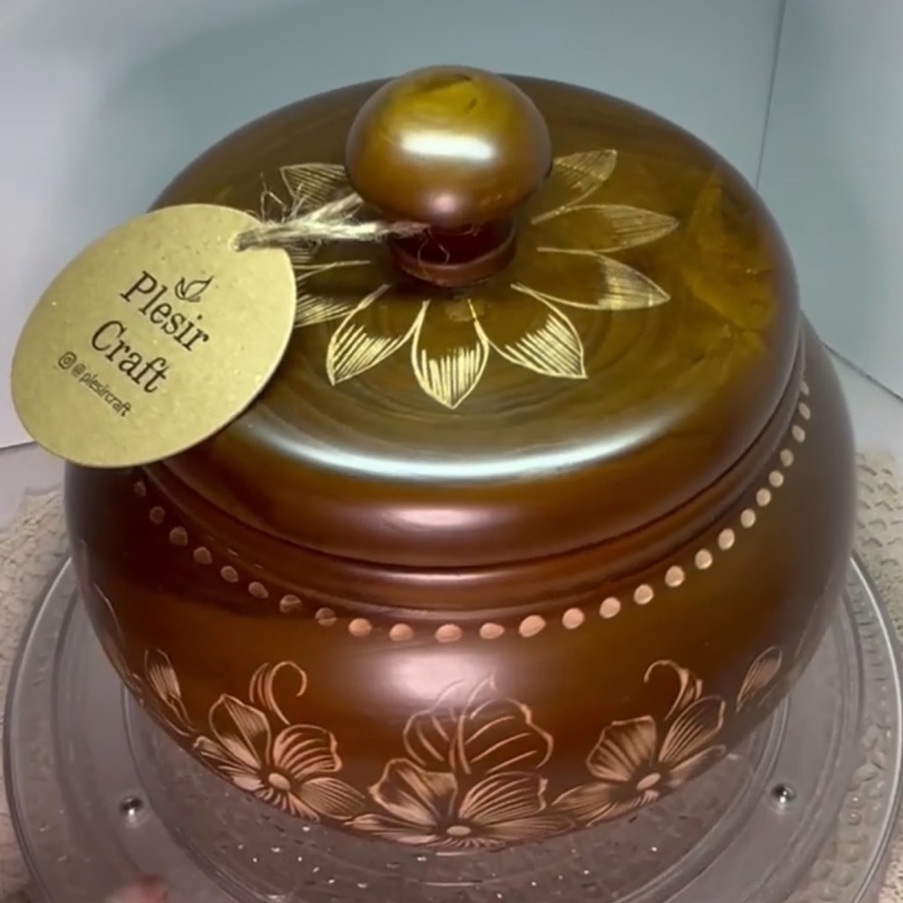 Hand-Carved Teak Wood Trinket Box Floral Engraved Lid Bowl India Artisan Decor